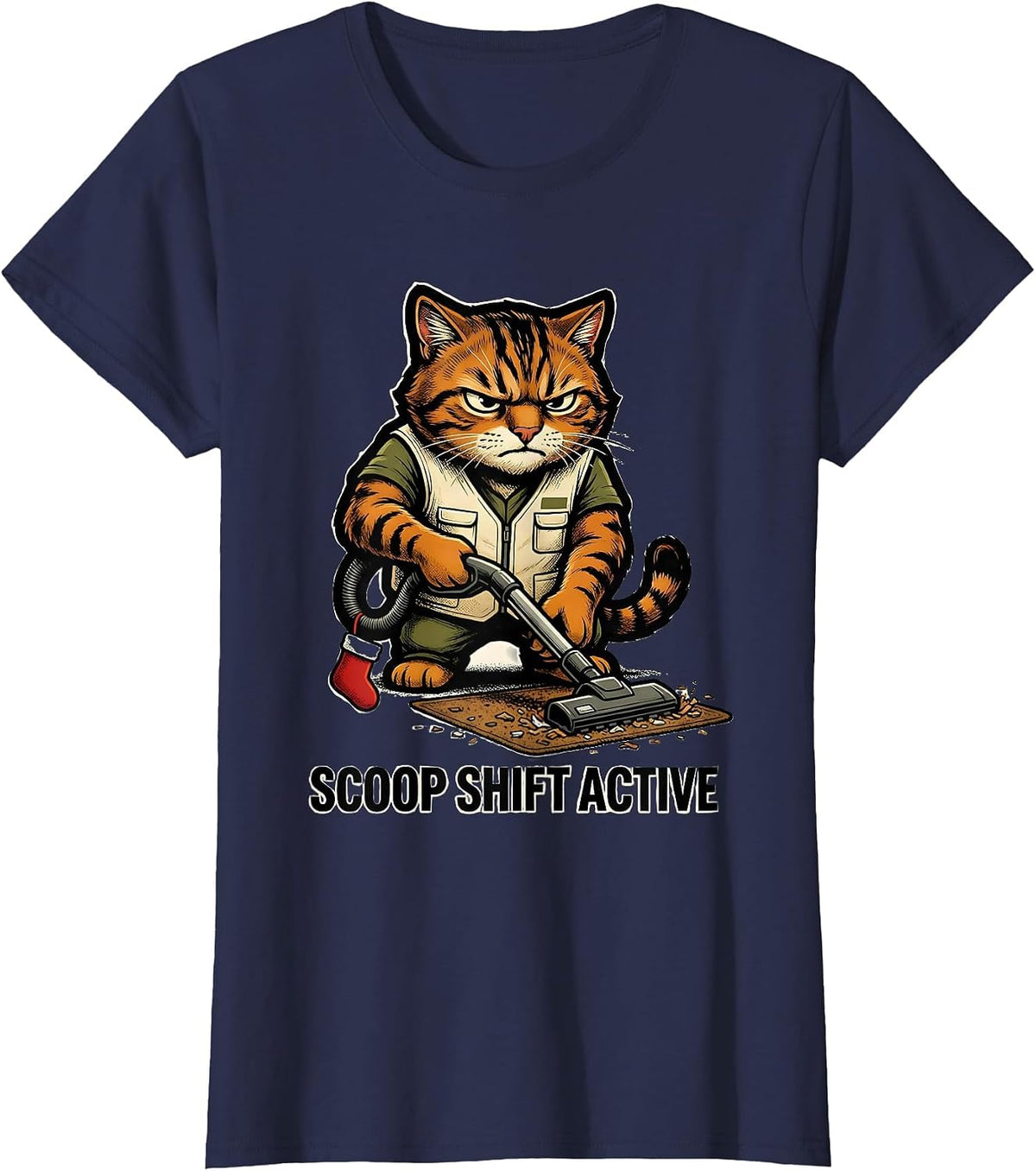Women's Scoop Shift Active Funny Cat Lover Grumpy Christmas Humor T-Shirt - Navy Blue