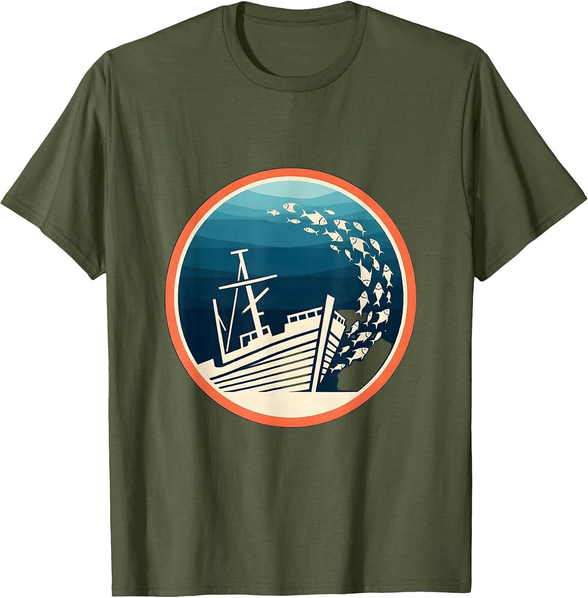 Tropical Fish Sunken Ship Hawaiian Ocean Design T-Shirt - Olive Green