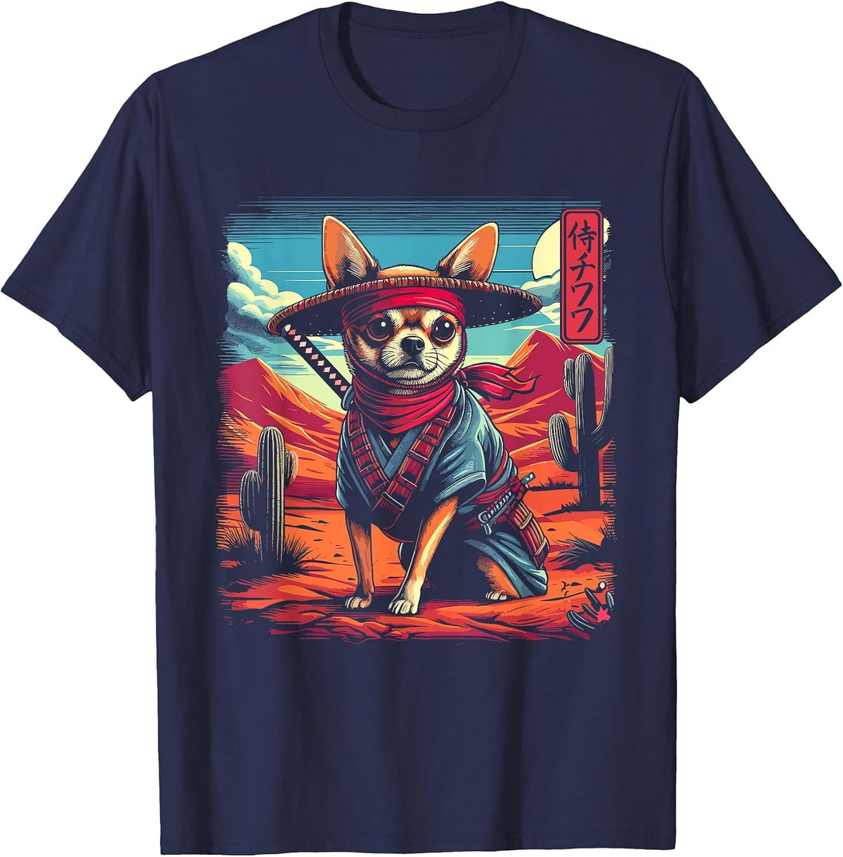 Japanese Chihuahua Dog Samurai Men, Women, Kids T-Shirt - Navy Blue
