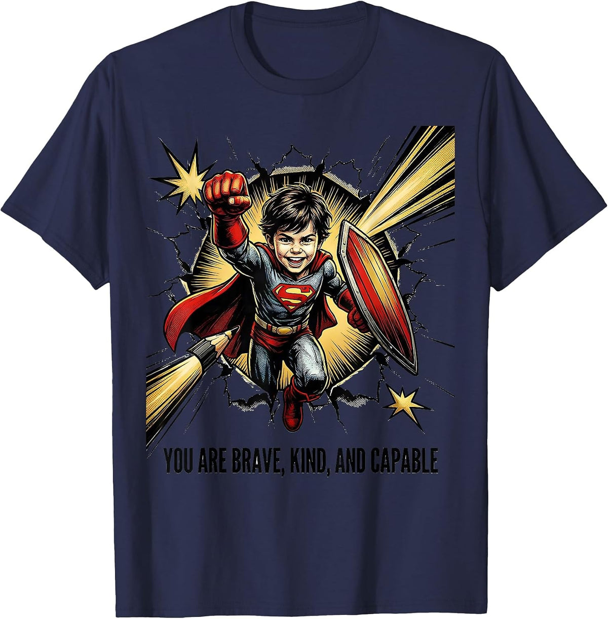 You Are Brave, Kind, And Capable Comic Book Teacher T-Shirt - Navy Blue