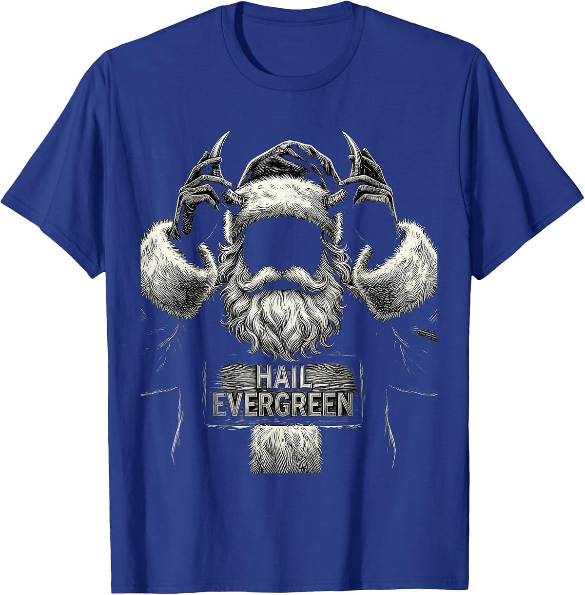 Hail Evergreen Woodcut Engraving Heavy Metal Santa Claus T-Shirt - Royal Blue