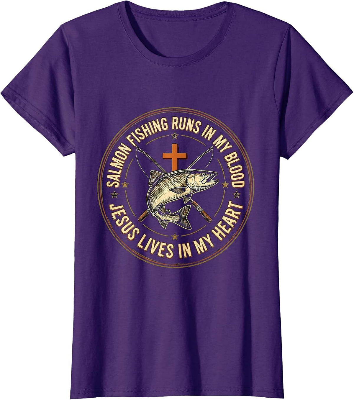 Women's Salmon Fishing Runs In My Blood, Jesus Lives In My Heart T-Shirt - Purple