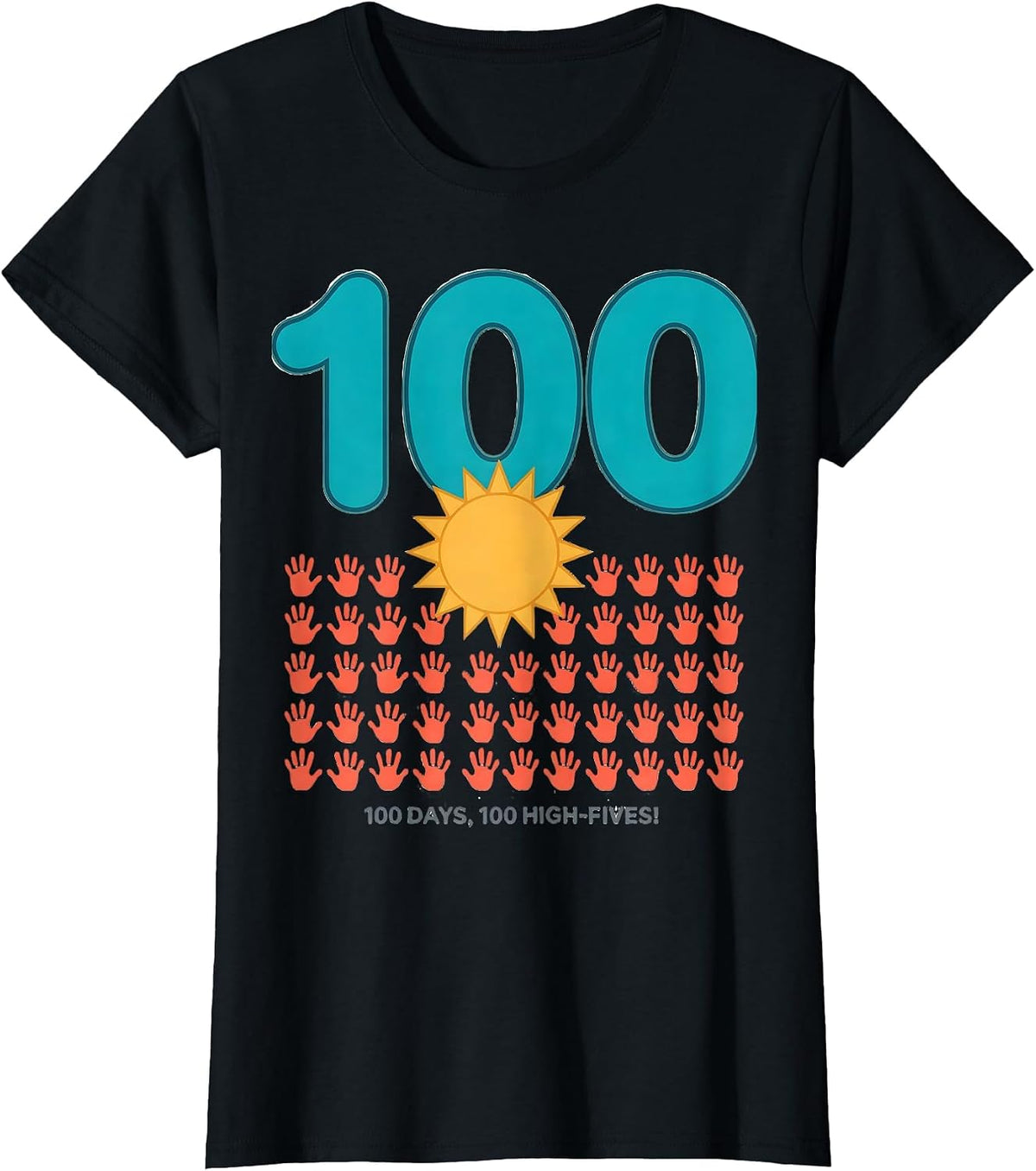Women's 100 Days 100 High-Fives Retro Playful 100th Day of School T-Shirt - Black