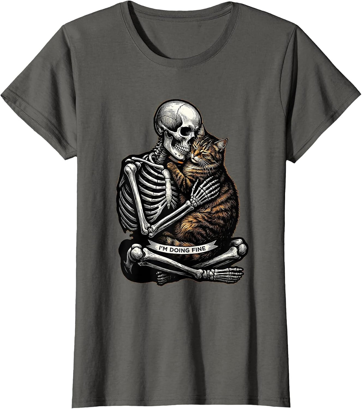 Women's I'm Doing Fine Scratchboard Skeleton Hugging Cat Halloween T-Shirt - Asphalt Grey
