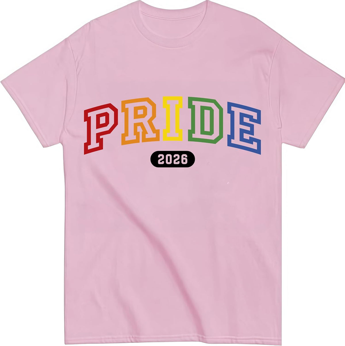 Pride 2026 Rainbow Letterman Varsity Style T-Shirt LGBTQ Pride Month Short Sleeve Tee - Crew Neck Pink