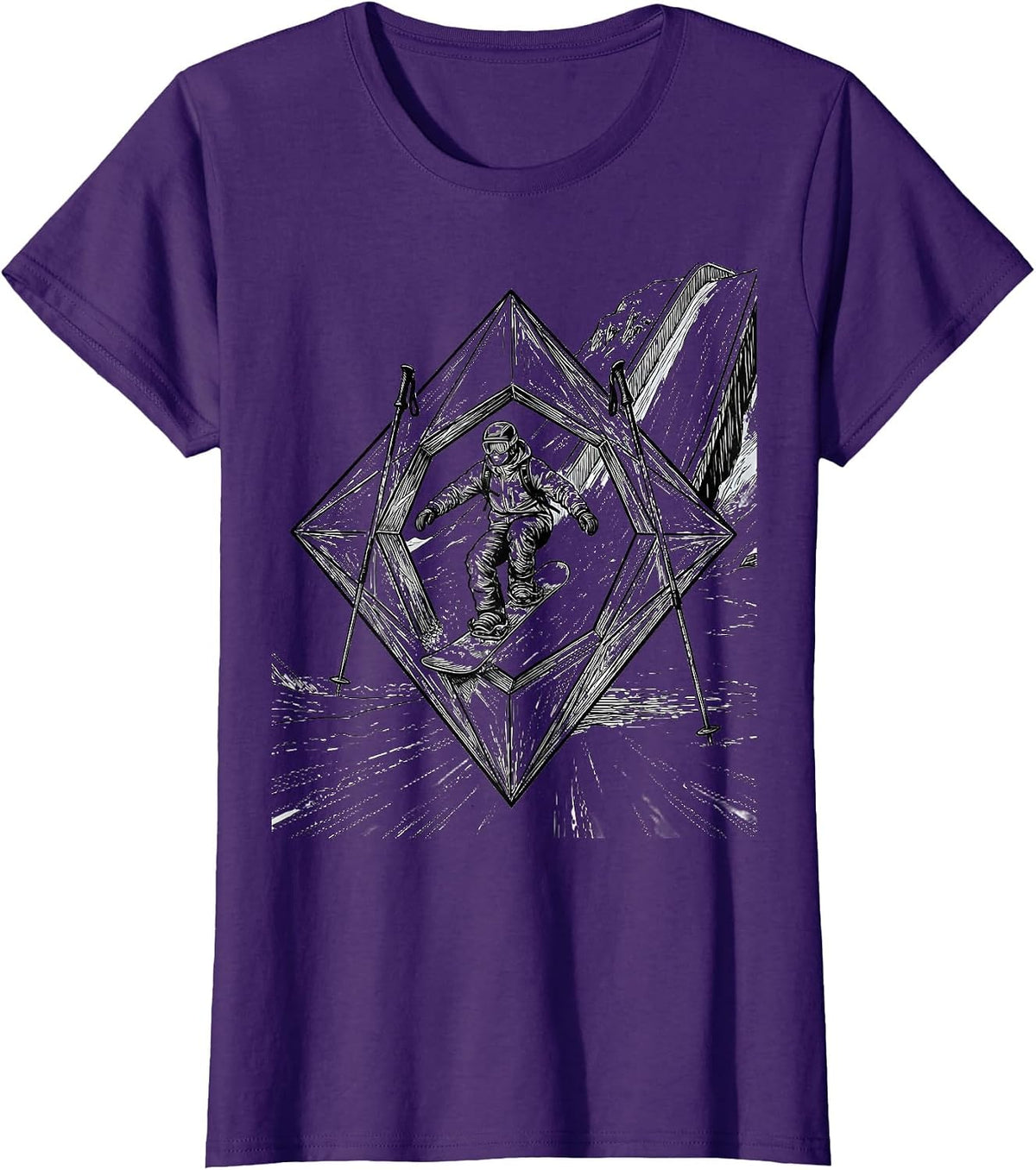 Women's Relaxed Snowboarder Line Art Winter Sports Humor T-Shirt - Purple