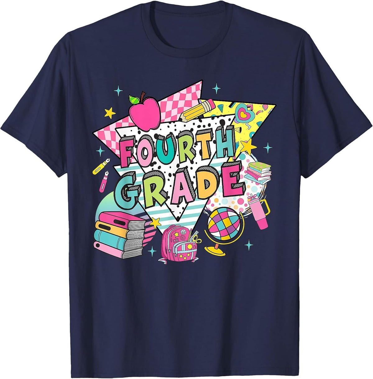 Fourth Grade Teachers Students Retro 90s Back to School T-Shirt - Navy Blue