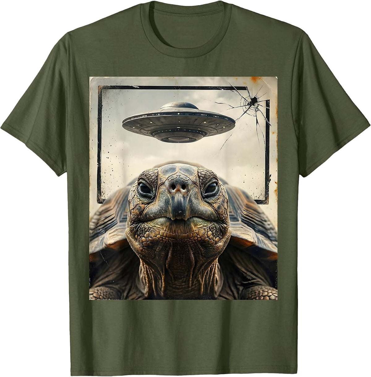 Men's Tortoise UFO Encounter Funny Animal Lover Sci-Fi Humor T-Shirt - Olive Green