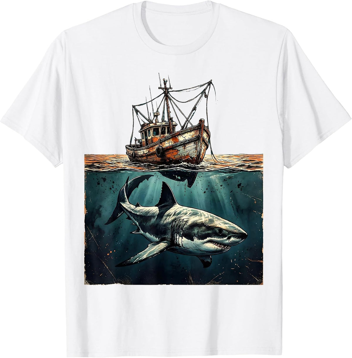 Men's Shark Beneath Fishing Boat Graphic Tee T-Shirt - White