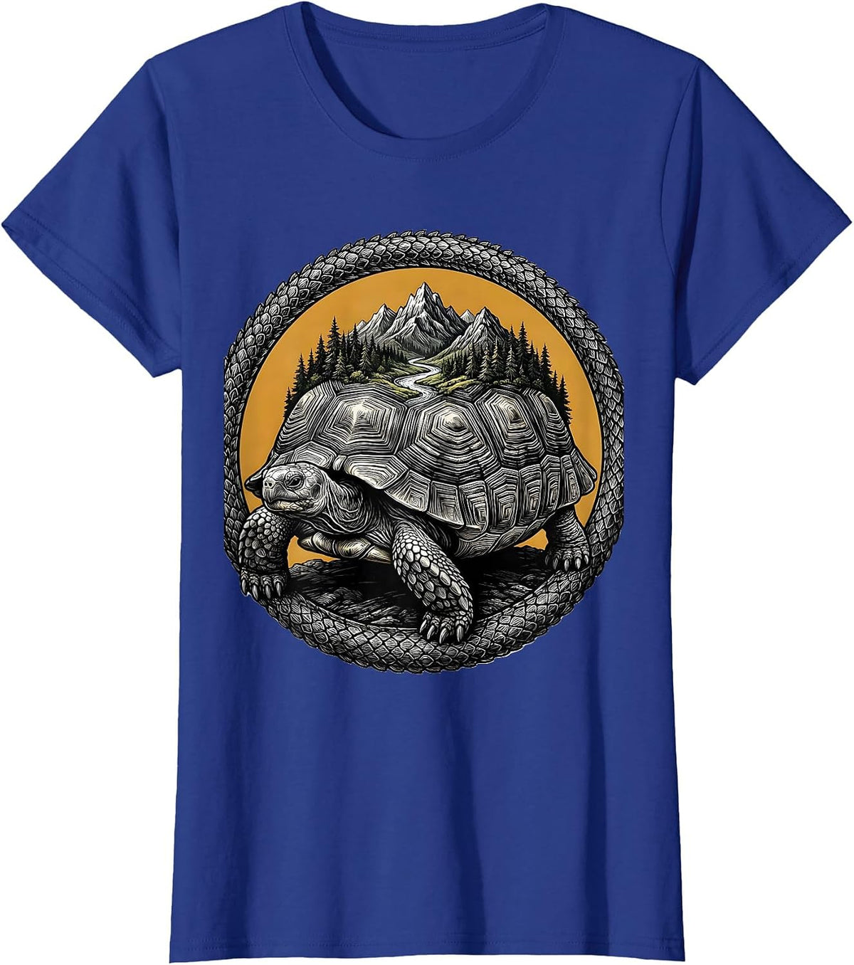 Women's Tortoise Carrying Ecosystem on Shell Nature Art T-Shirt - Royal Blue