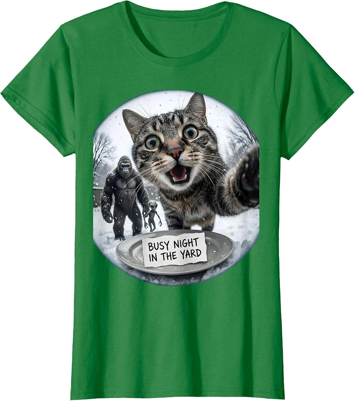 Women's Busy Night In The Yard Funny Cat Bigfoot Alien Meme Humor T-Shirt - Kelly Green