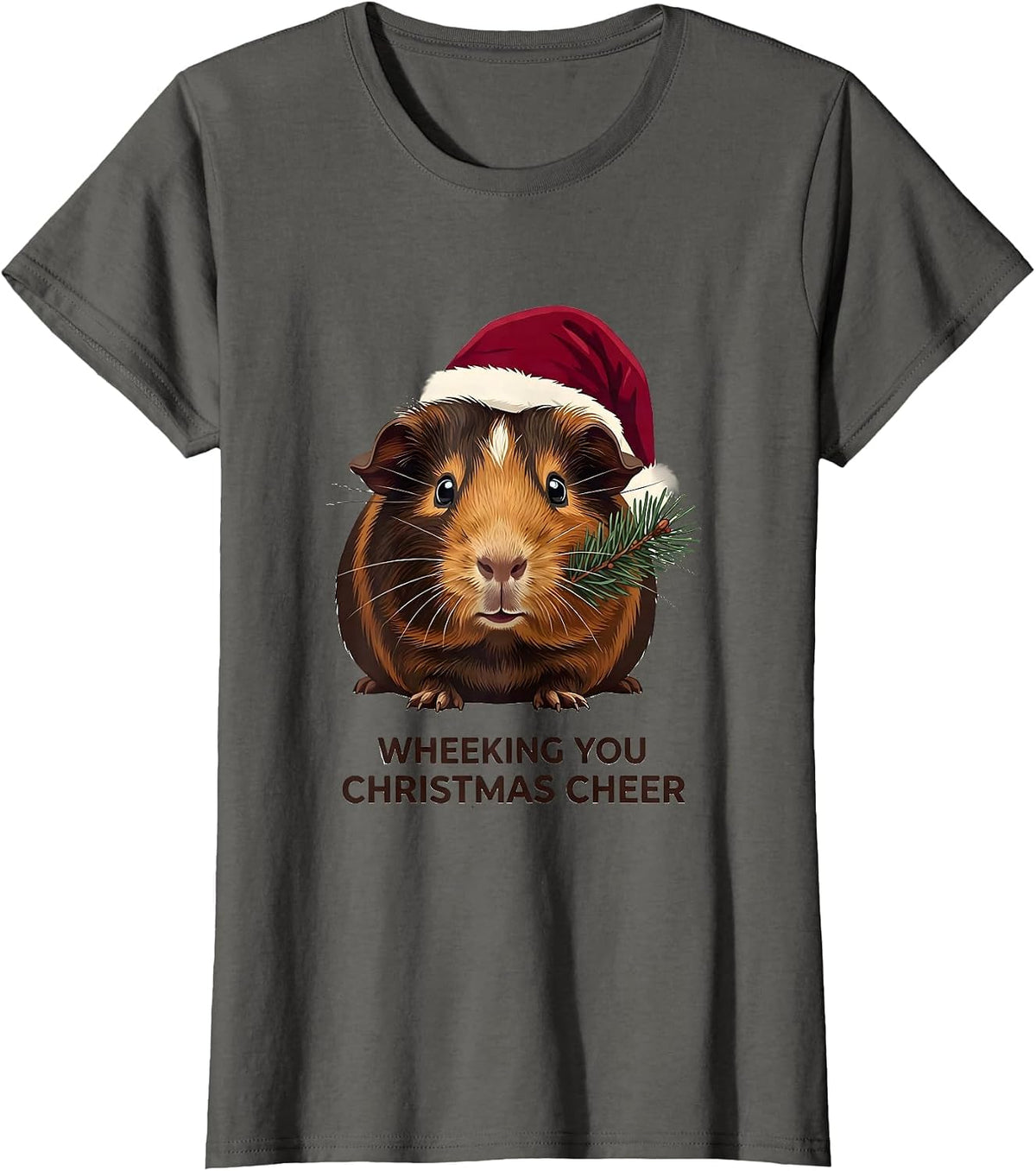 Women's Wheeking You Christmas Cheer Funny Guinea Pig Santa Hat T-Shirt - Asphalt Grey