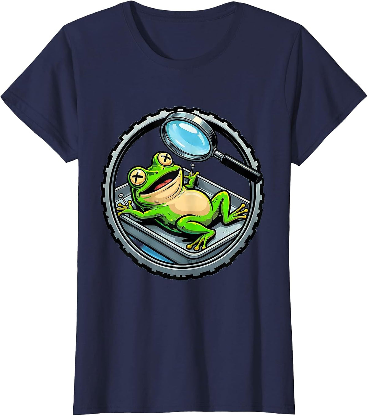Women's Frog Dissection Tray Magnifier Science Art T-Shirt - Navy Blue