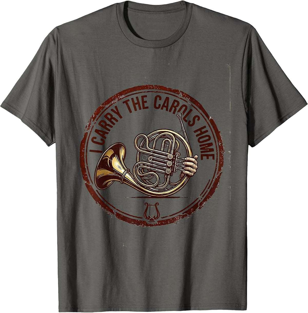 I Carry The Carols Home Funny French Horn Player Christmas T-Shirt - Asphalt Grey