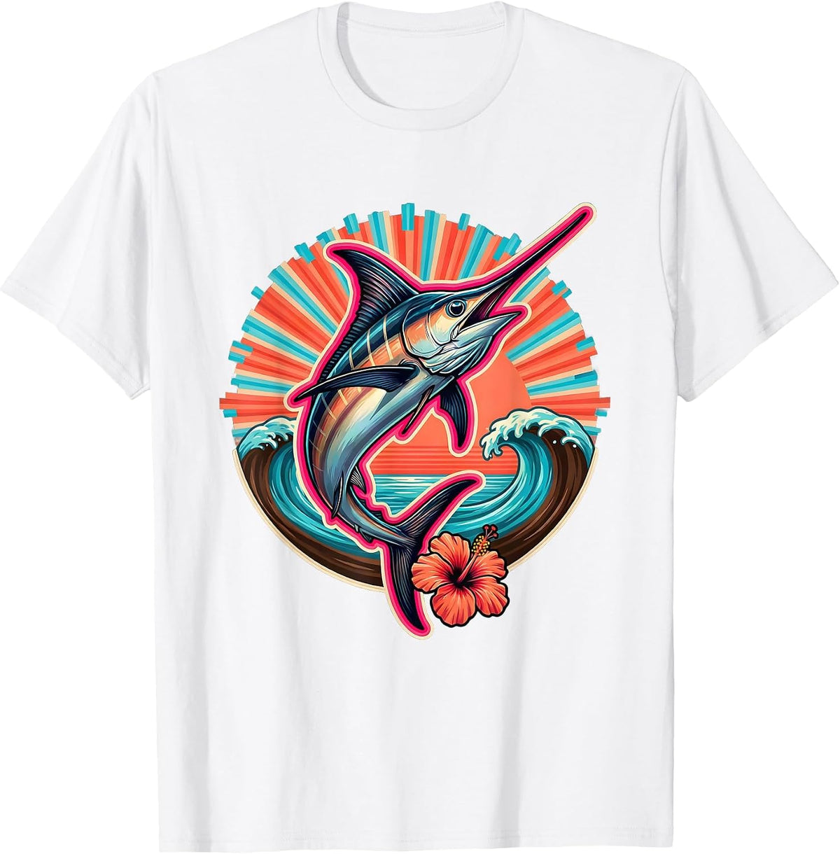 Men's Marlin Jumping at Sunrise Ocean Graphic T-Shirt - White