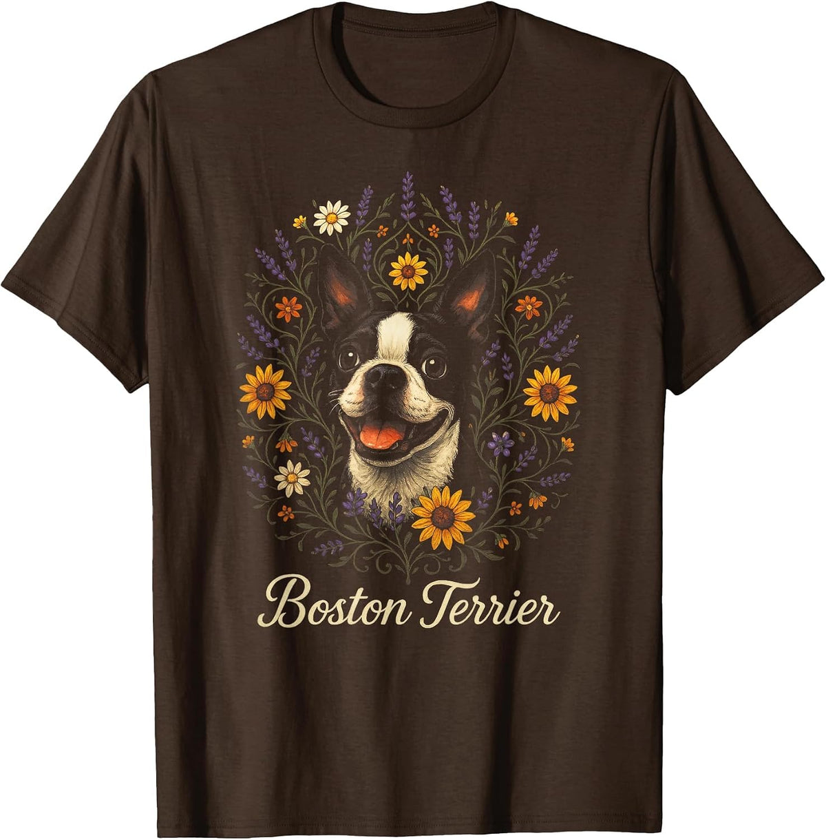 Boston Terrier - Cute Dog Flower Heart Design T-Shirt - Brown