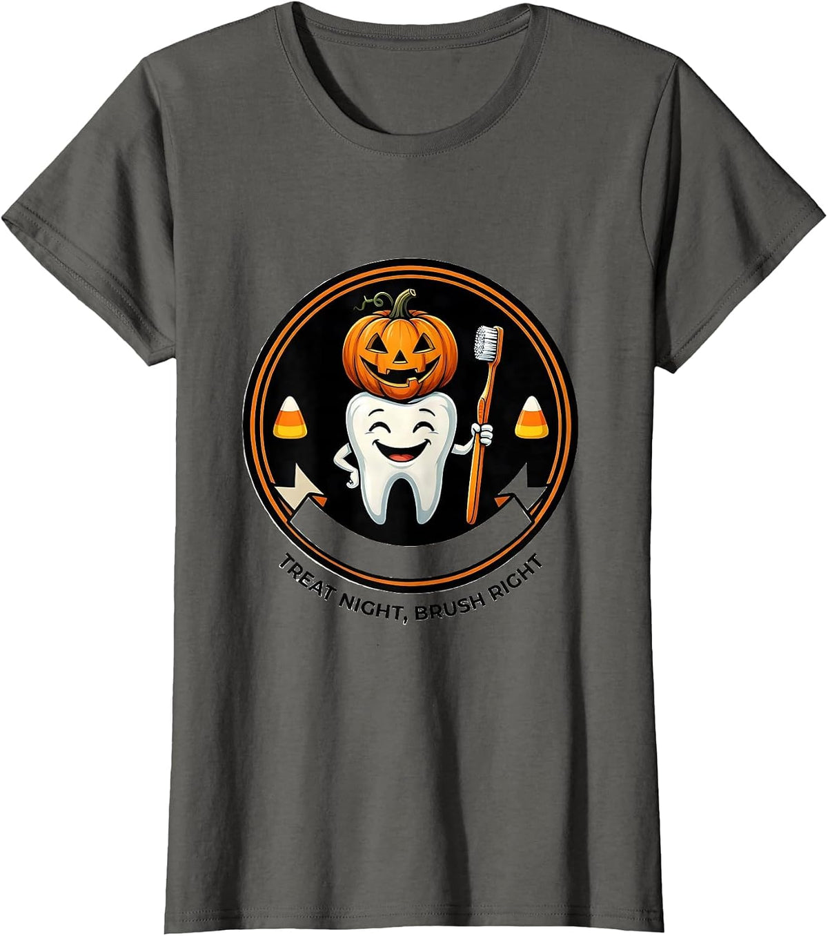 Women's Treat Night Brush Right Playful Dental Humor Halloween T-Shirt - Asphalt Grey