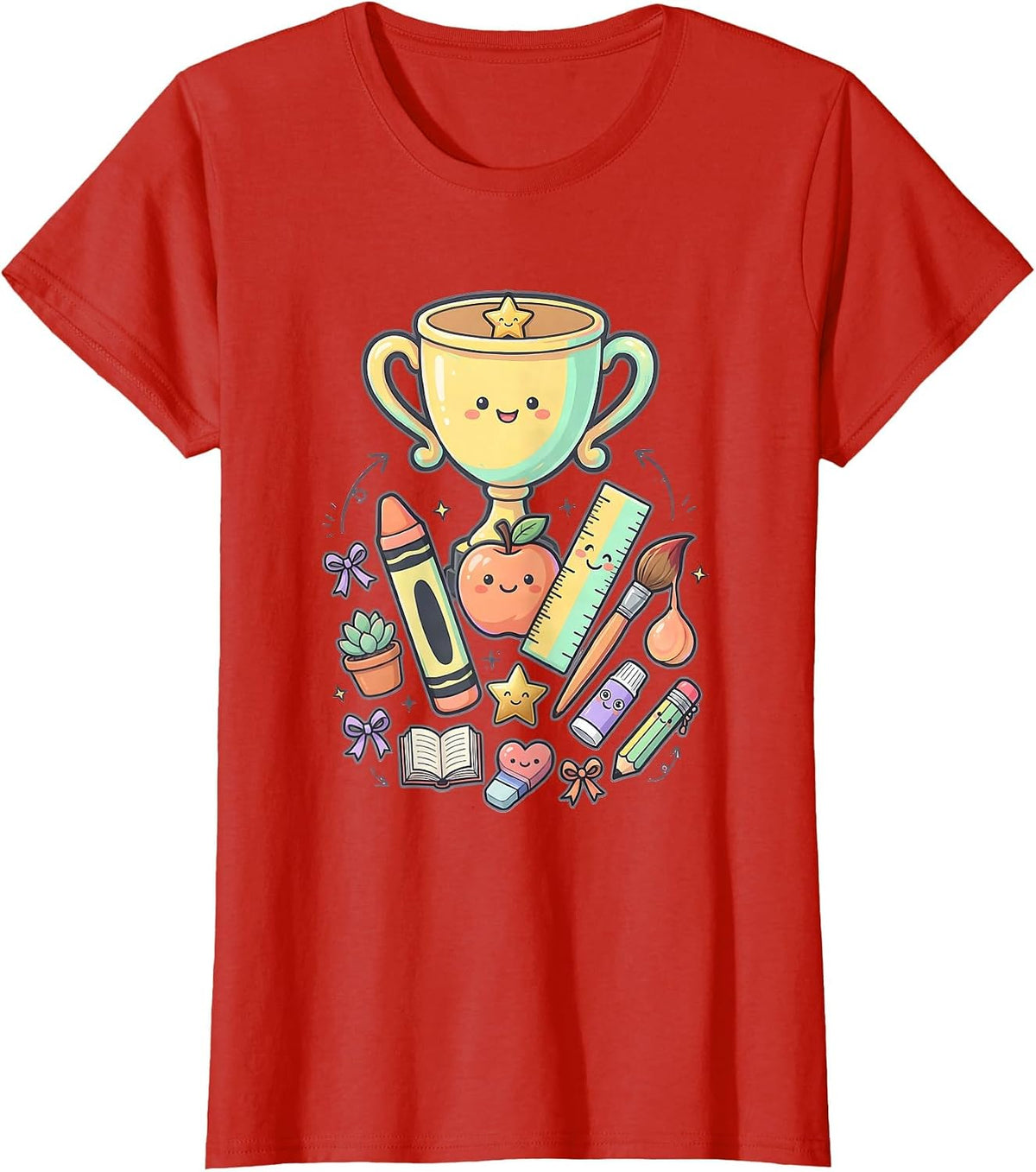 Kindergarten Teacher Trophy Desk Illustration T-Shirt - Red