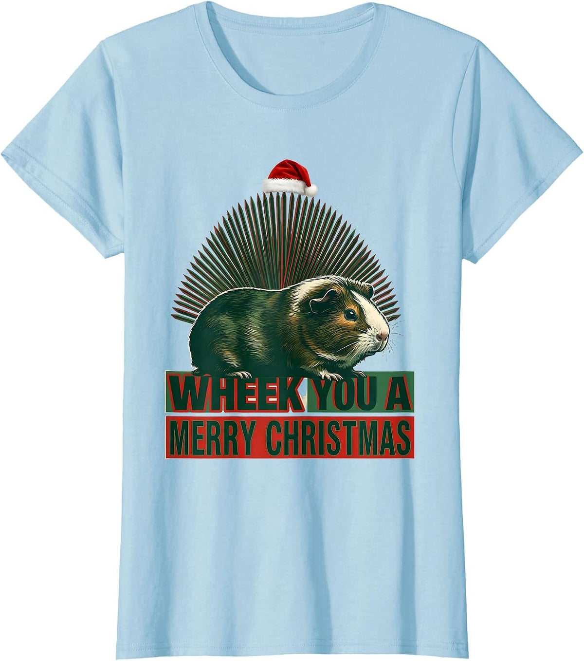 Women's Wheek You A Merry Christmas Funny Guinea Pig Santa Hat T-Shirt - Baby Blue
