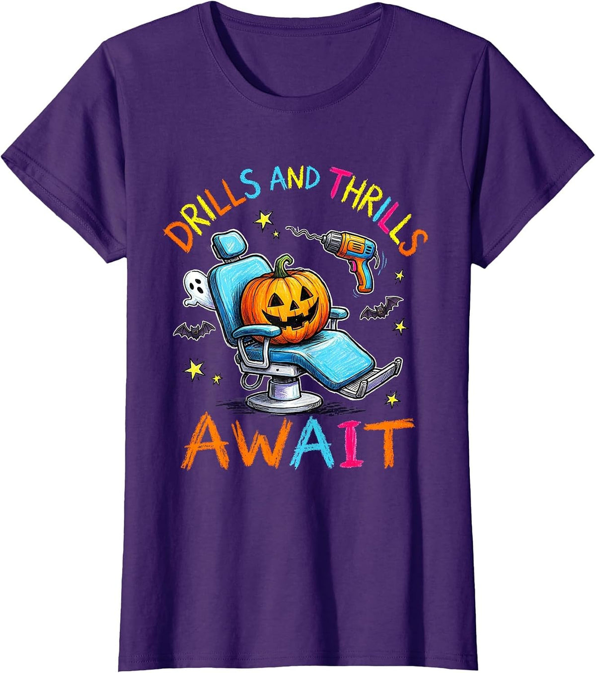 Women's Halloween Haunted Dental Chair Drills and Thrills Design T-Shirt - Purple