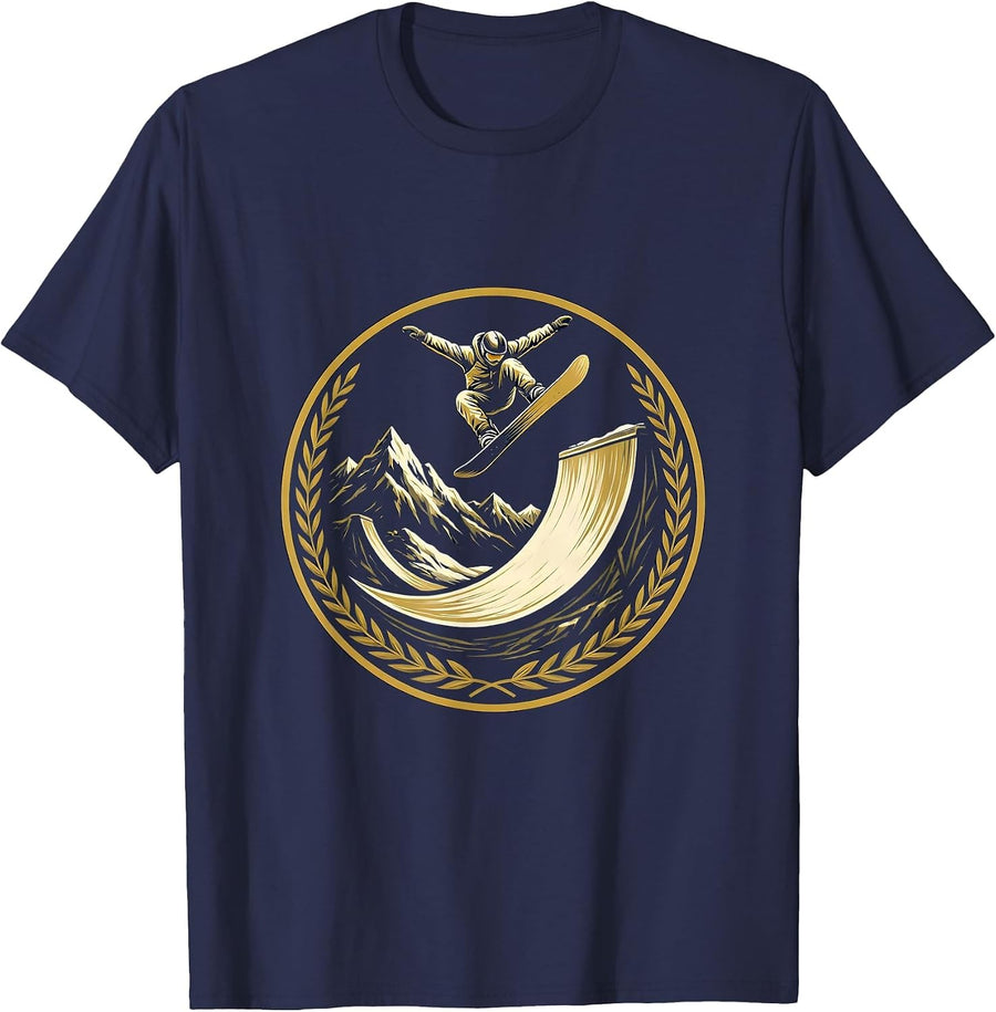 Snowboarder Half-Pipe Spin Action Sports Graphic T-Shirt - Navy Blue