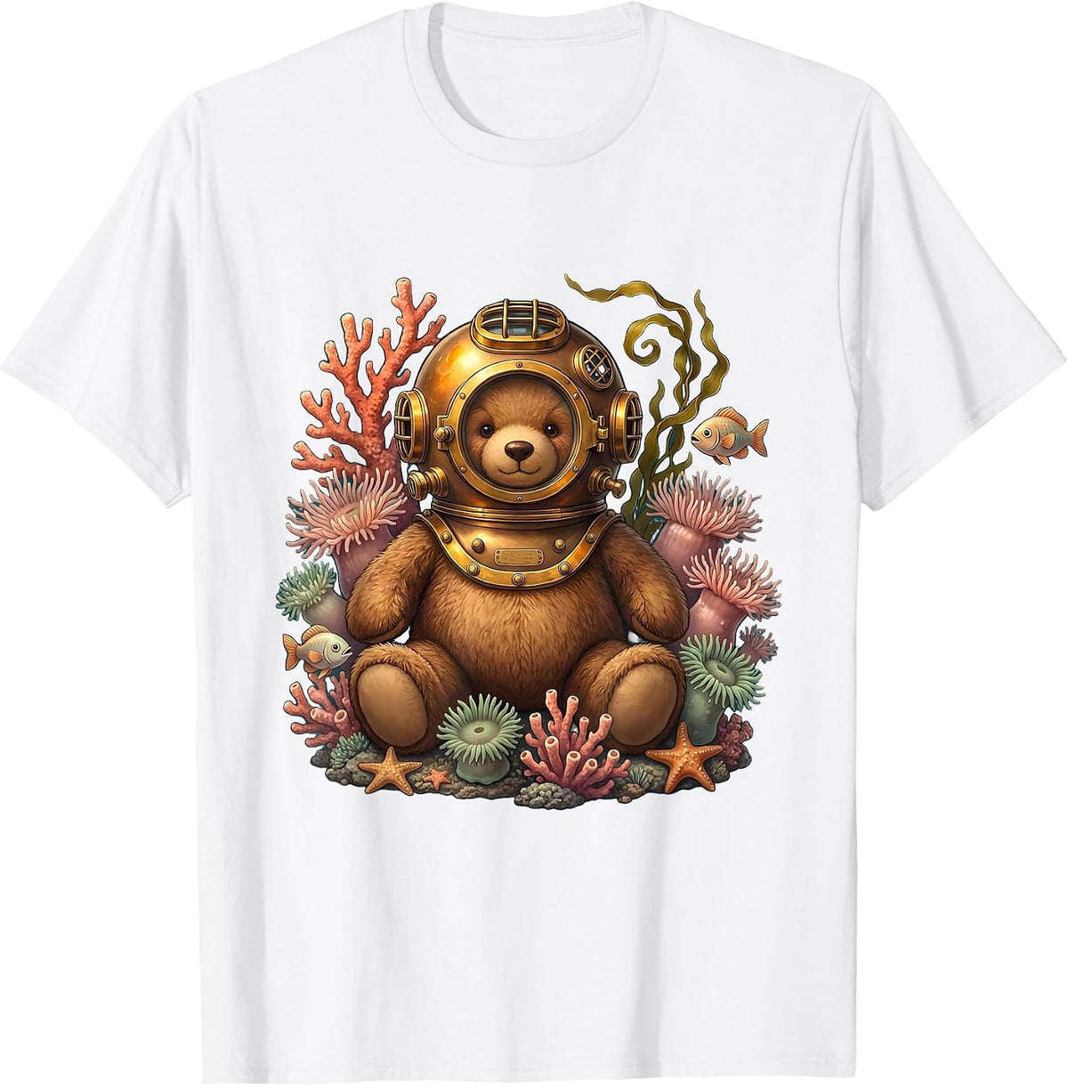 Teddy Bear Deep Sea Diver With Fish and Coral T-Shirt - White