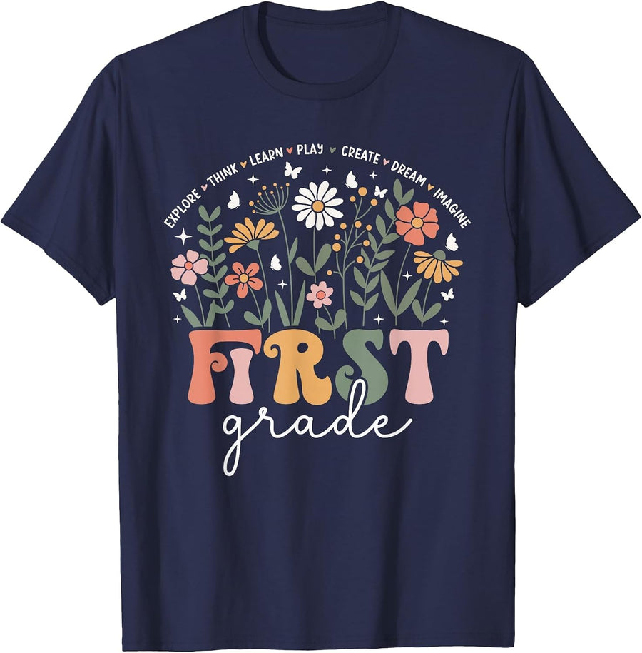 1st Grade Teacher Wildflower Floral Back to School Men Women T-Shirt - Navy Blue