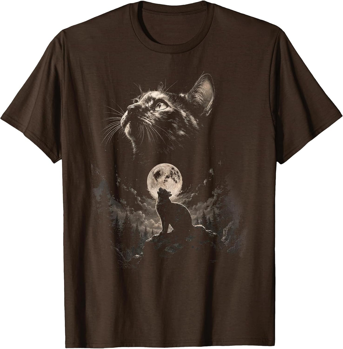 Tortoiseshell Cat Howling at Moon Vintage Cat Halloween T-Shirt - Brown