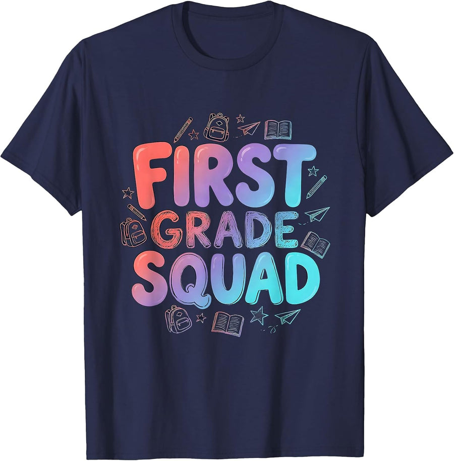 First Grade Squad Playful Teacher Back To School Grade-Level T-Shirt - Navy Blue