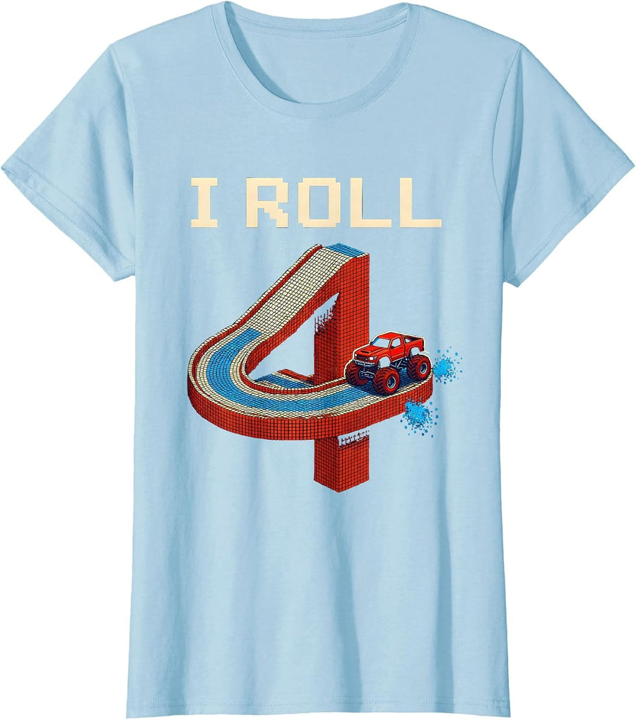 Women's I ROLL 4 Pixel Art Monster Truck 4th Birthday Boy T-Shirt - Baby Blue