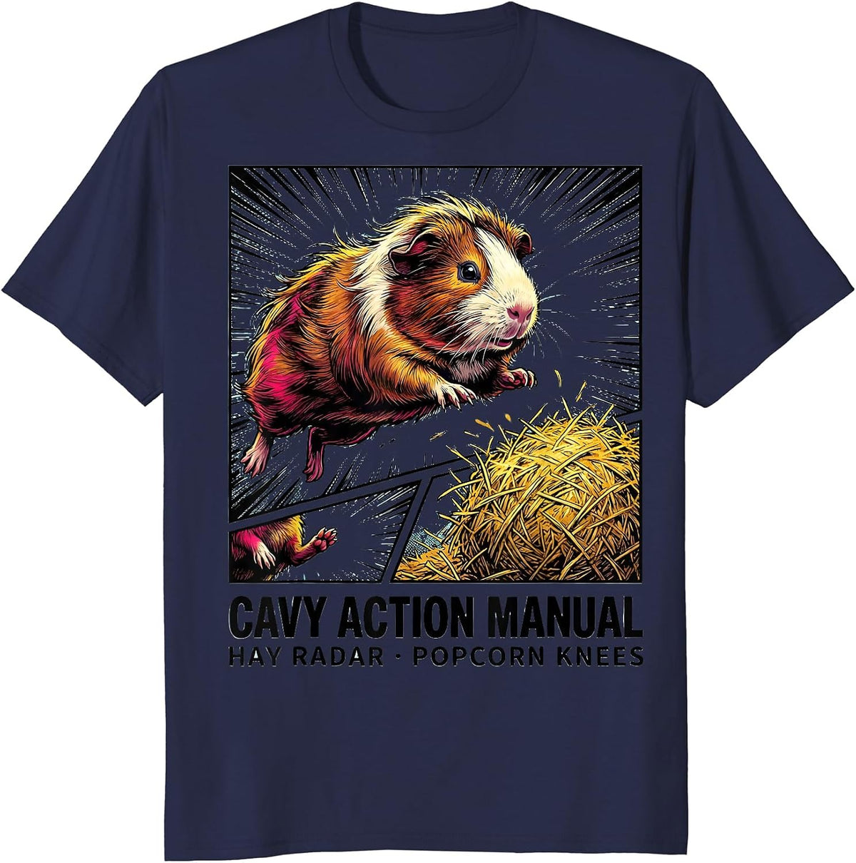 Cavy Action Manual: Hay Radar, Popcorn Knees Comic T-Shirt - Navy Blue