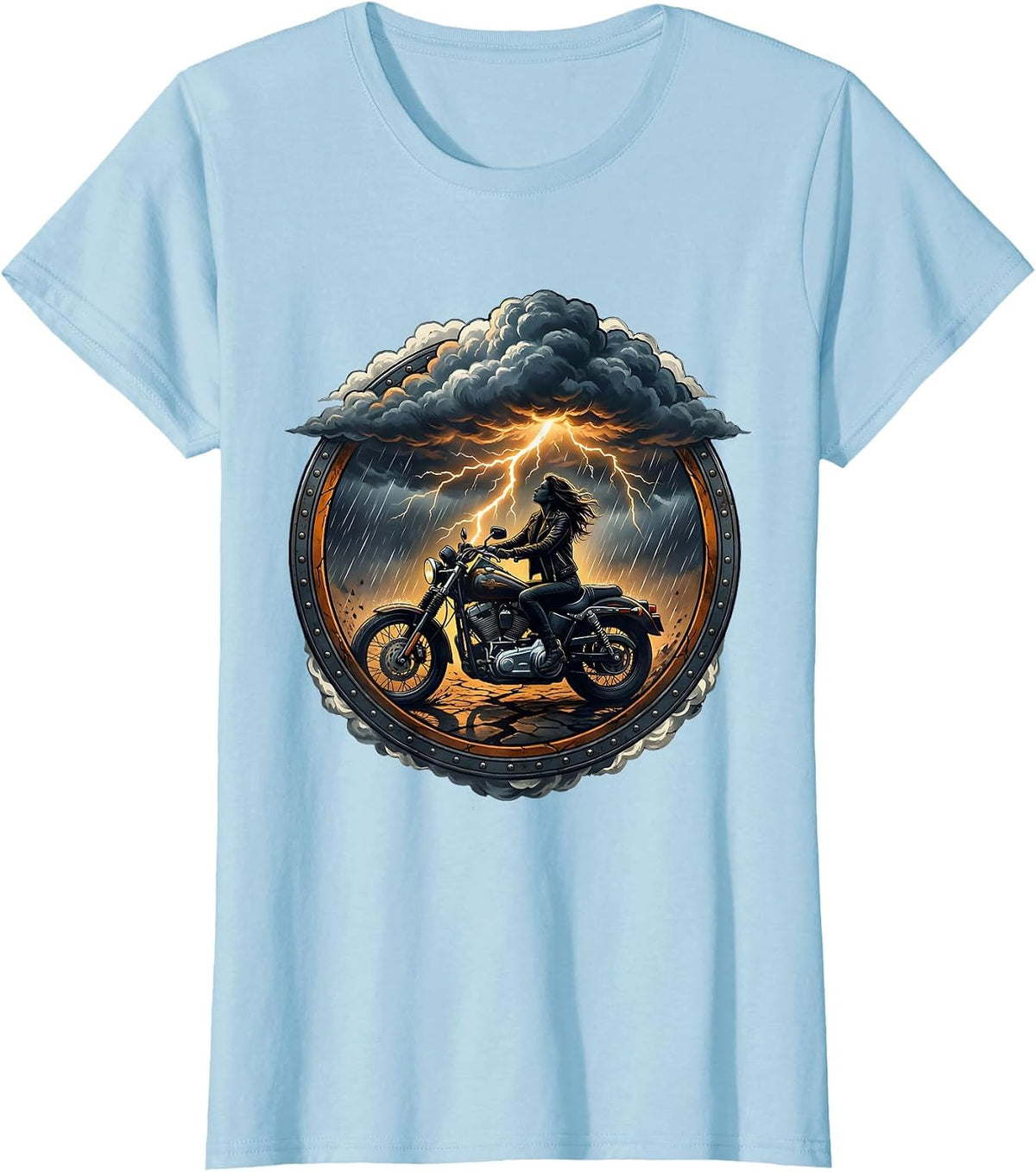 Biker Storm Chaser Lightning Strike Graphic T-Shirt - Baby Blue