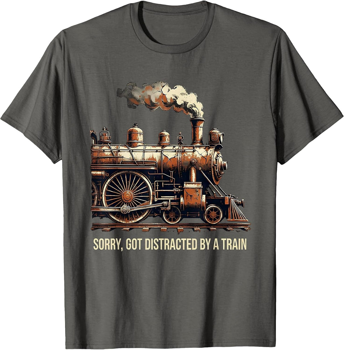 Men's Sorry Got Distracted By A Train Distressed Steam Locomotive T-Shirt - Asphalt Grey