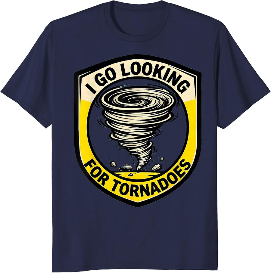 I Go Looking For Tornadoes Cartoon Storm Chaser Meteorology T-Shirt - Navy Blue