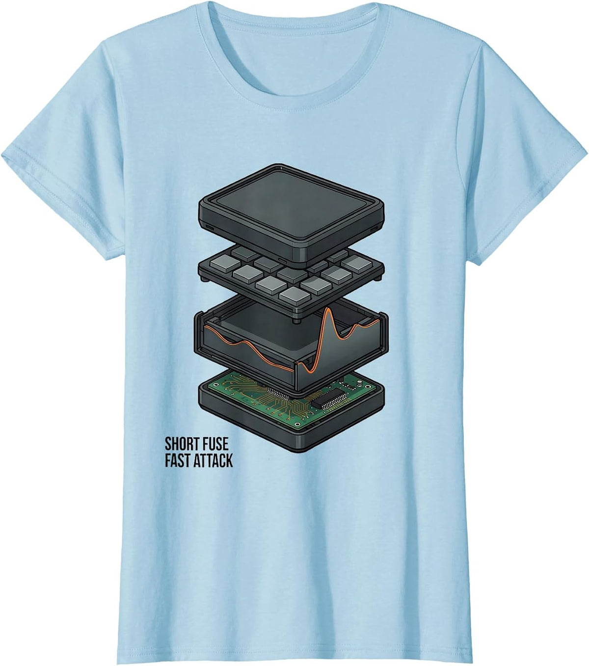 Women's Short Fuse, Fast Attack Exploded View Technical DJ Gift T-Shirt - Baby Blue