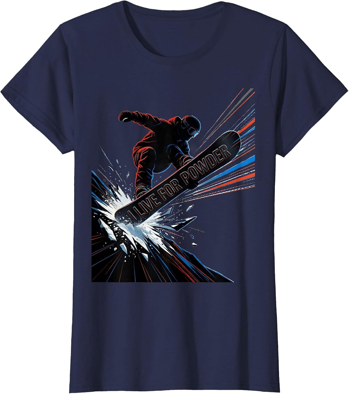 Women's I Live For Powder Futurist Snowboarder Winter Sports Humor T-Shirt - Navy Blue