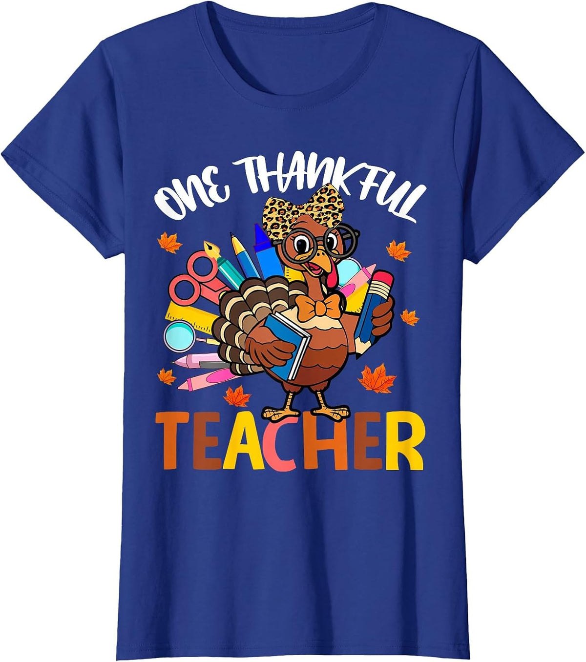 One Thankful Teacher Thanksgiving Turkey Cute Crayon Pencil T-Shirt - Royal Blue