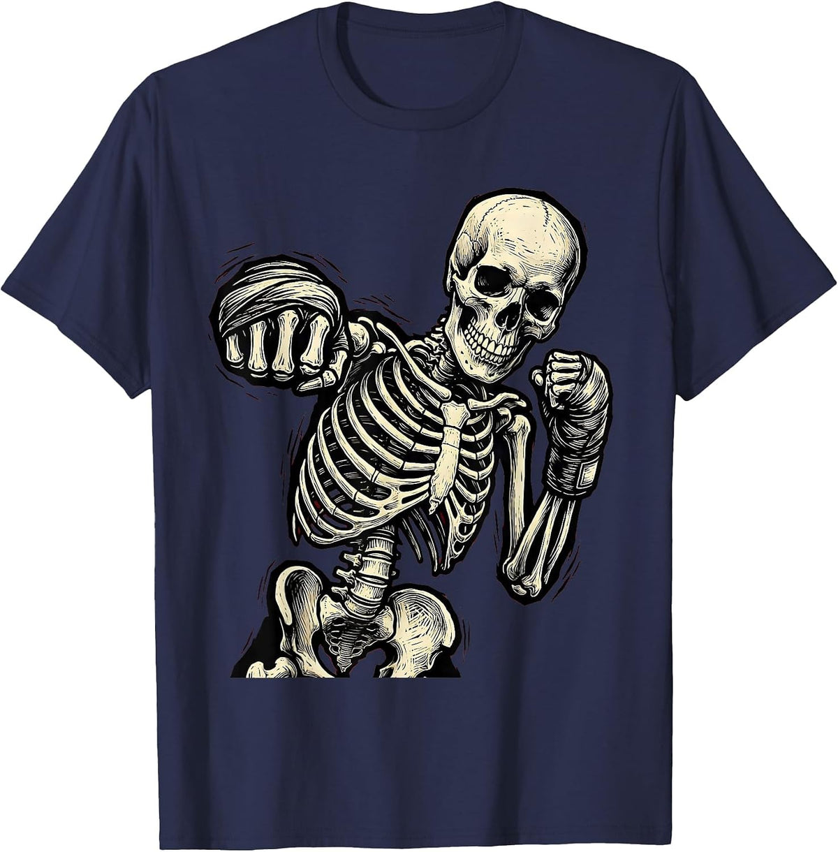 Skeleton Boxer Throwing a Punch Graphic T-Shirt - Navy Blue