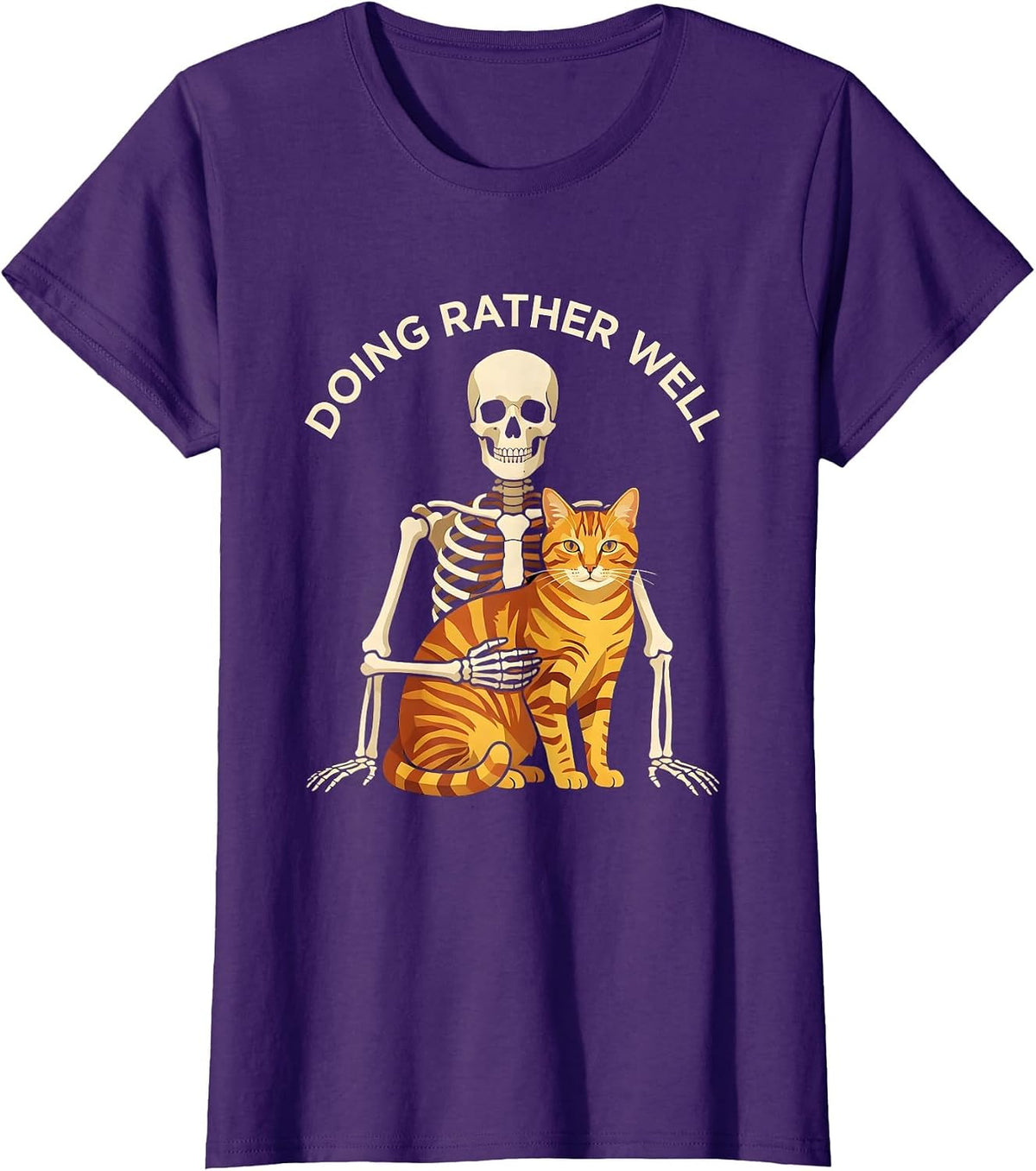 Women's Doing Rather Well Geometric Skeleton Hugging Cat Halloween T-Shirt - Purple