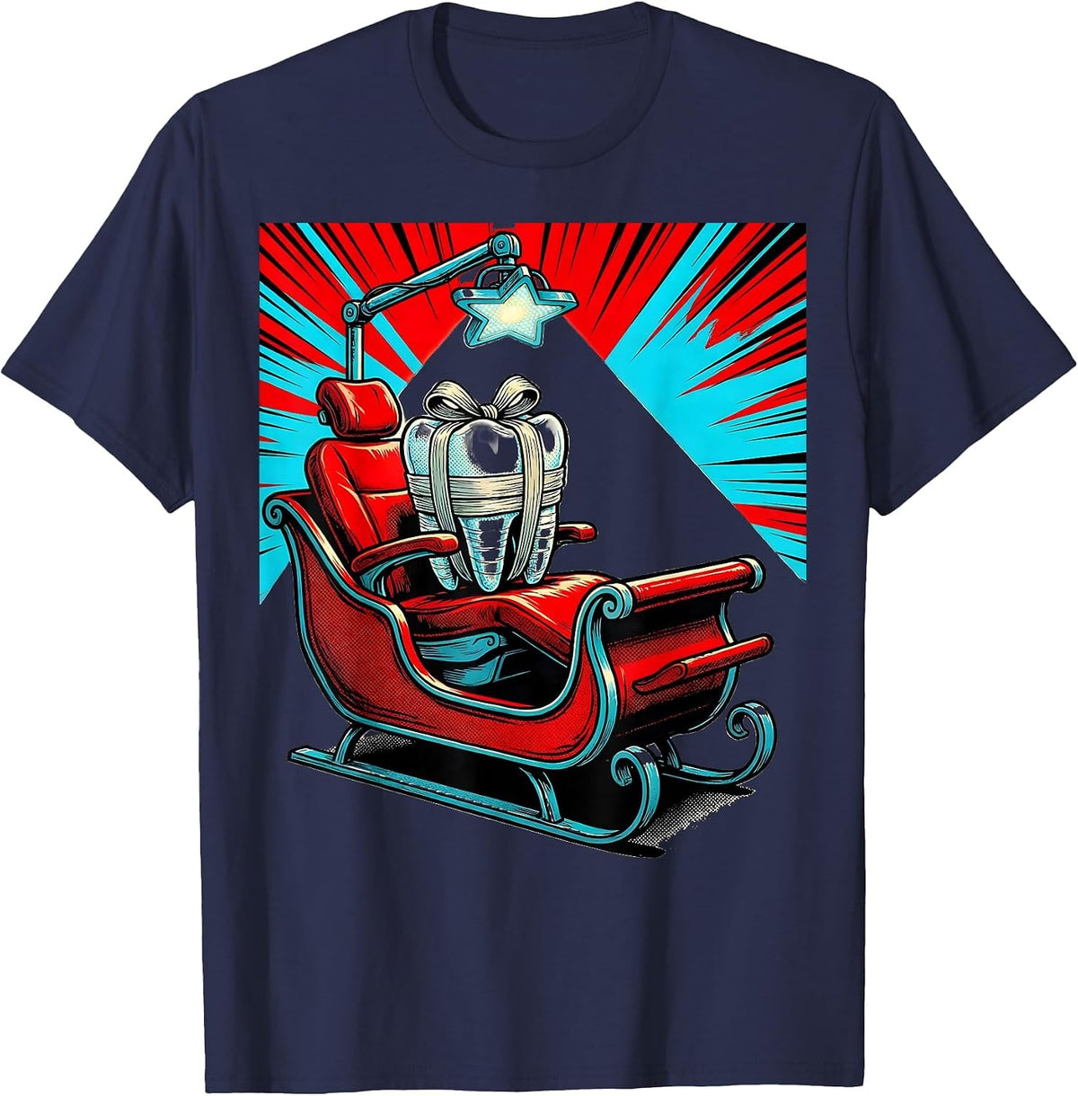 Dental Chair Santa Sleigh Pop Art Dentist Christmas T-Shirt - Navy Blue