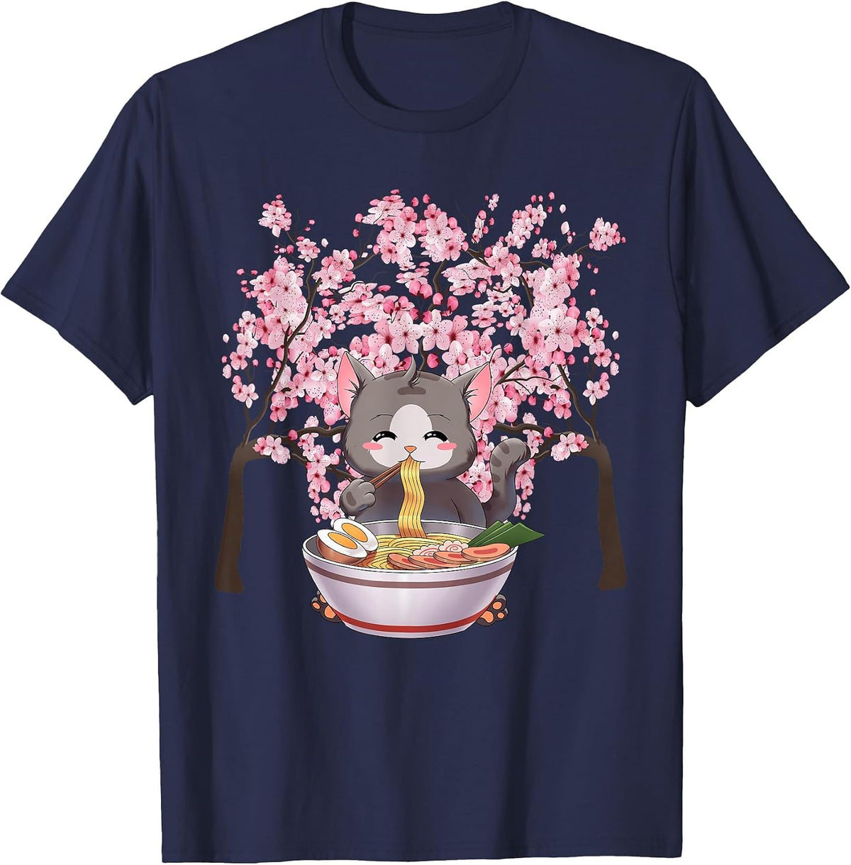 Japanese Blossom Cherry Ramen Easter Cat Kawaii Anime T-Shirt - Navy Blue