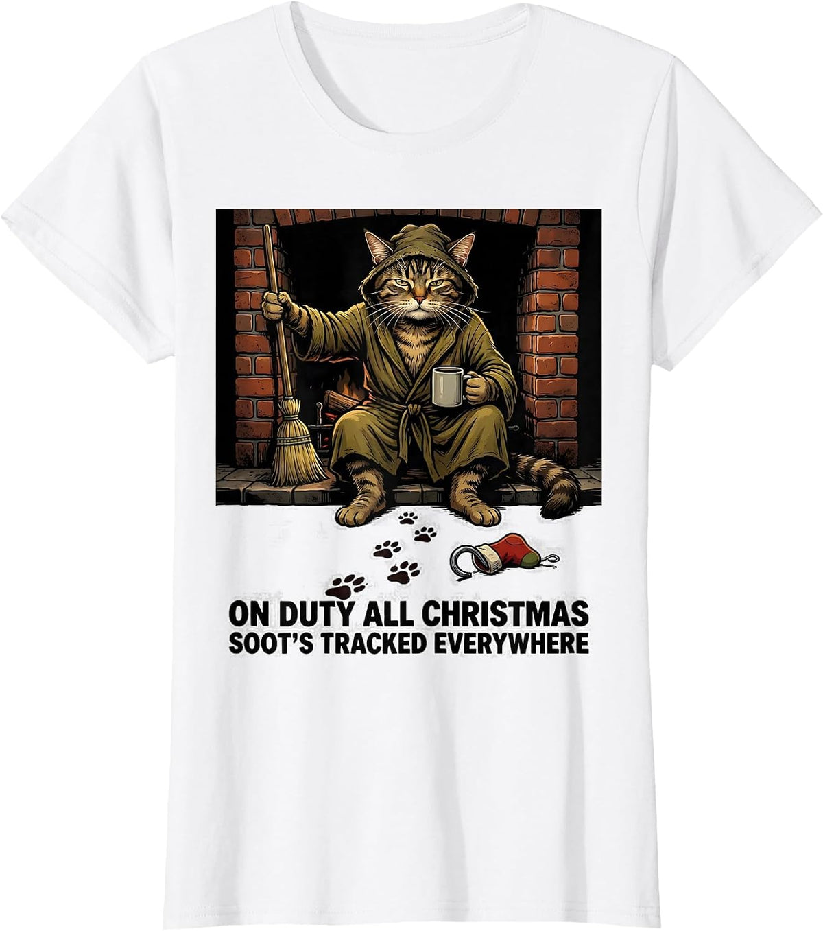 On Duty All Christmas Soot's Tracked Everywhere Funny Cat T-Shirt - White