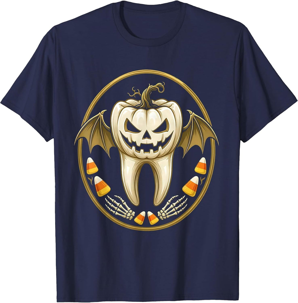 Men's Halloween Jack-O-Lantern Molar Dental Tooth Design T-Shirt - Navy Blue