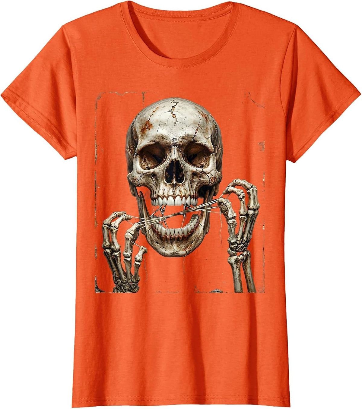 Women's Skeleton Flossing Teeth Funny Dental Halloween T-Shirt - Orange