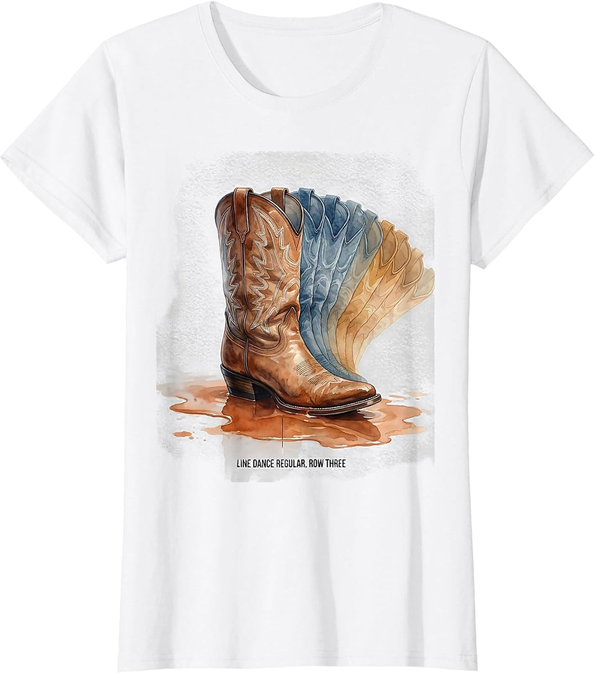Women's Line Dance Regular Row Three Watercolor Cowboy Boot Dancer T-Shirt - White