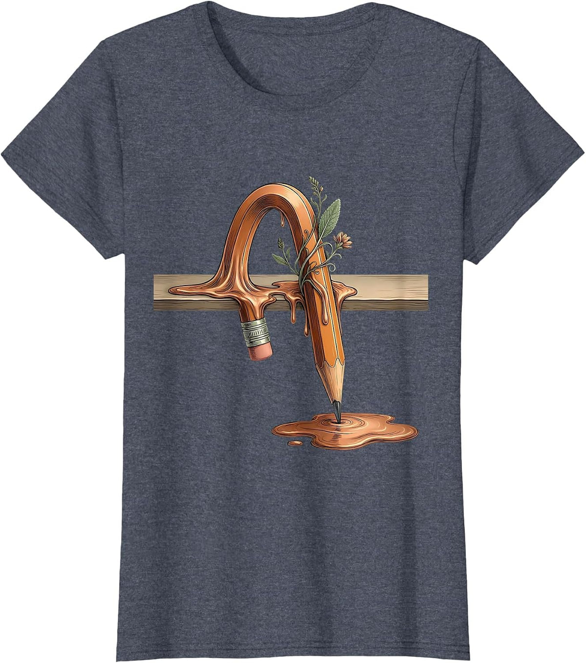 Women's TGIF Melting Pencil Surreal Teacher Art T-Shirt - Heather Blue