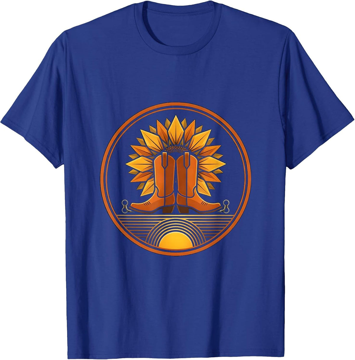 Cowboy Boots Sunflower and Spur Graphic Design T-Shirt - Royal Blue