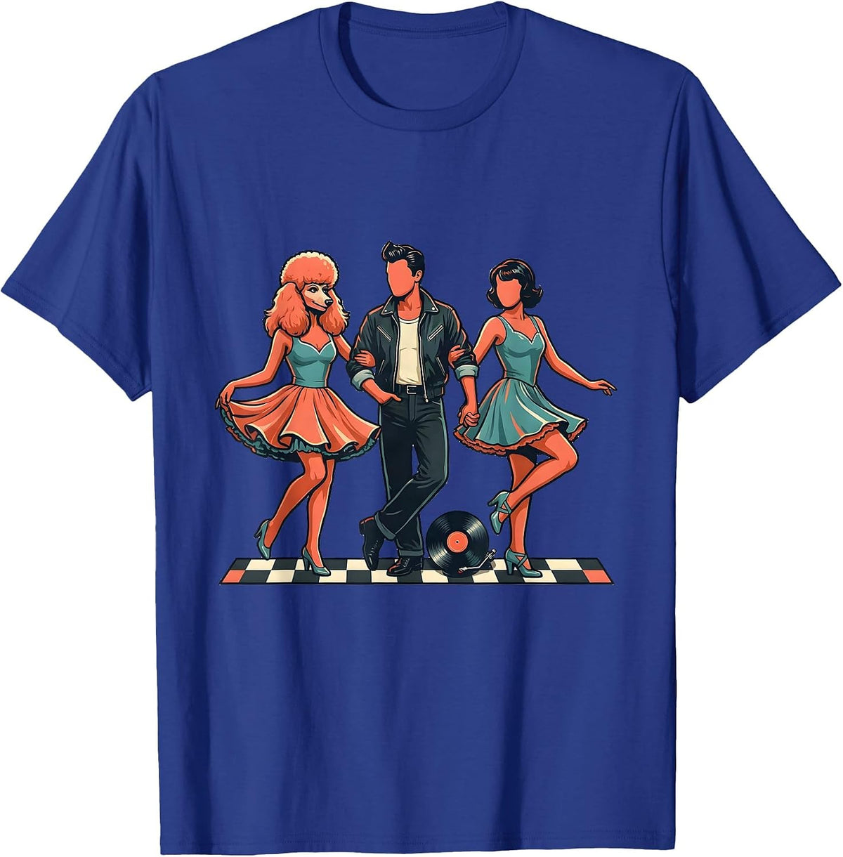 Linked 1950s Dance Line Trio Sock Hop Party T-Shirt - Royal Blue