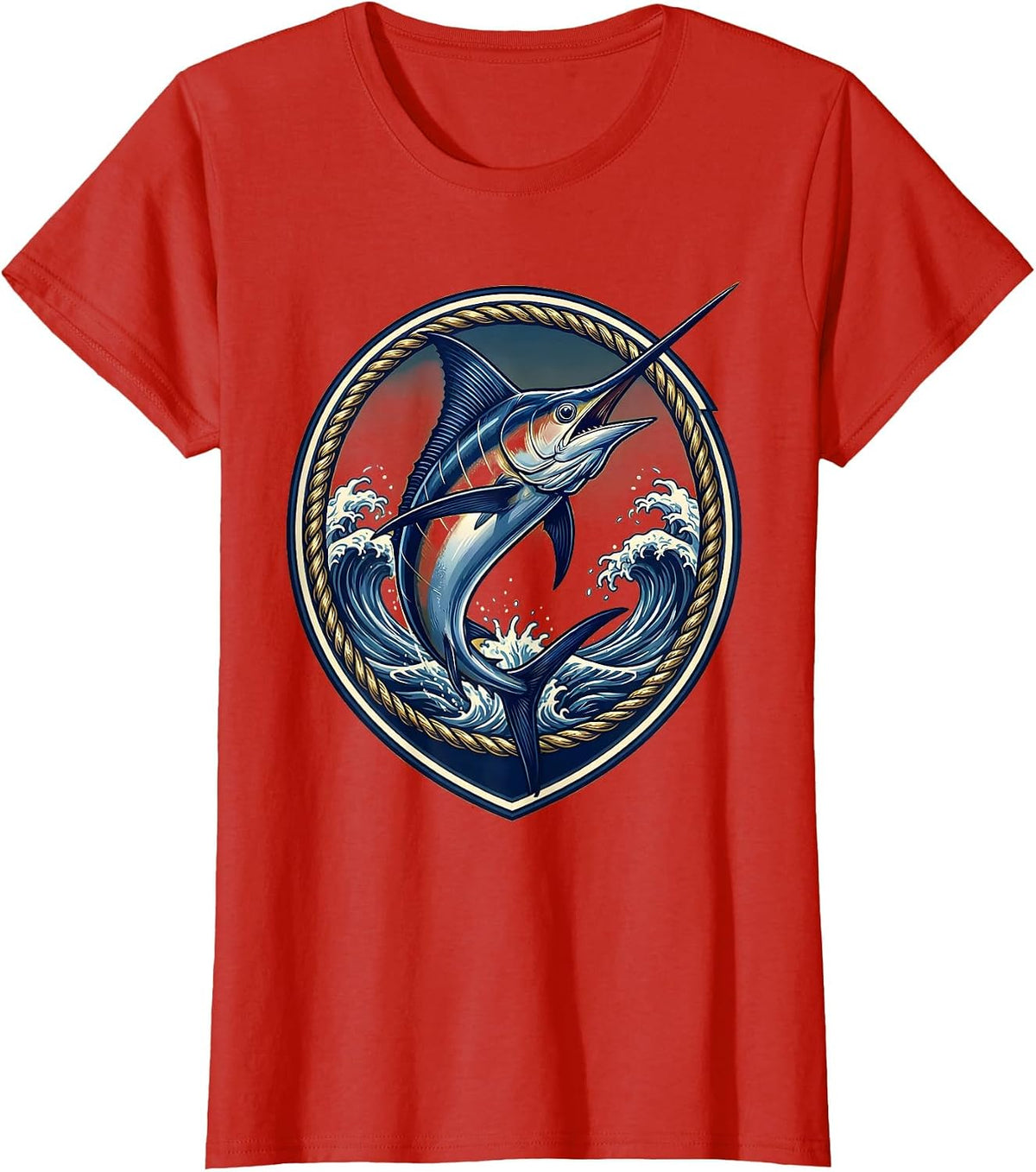 Marlin Leaping Over Ocean Waves Fishing Design T-Shirt - Red
