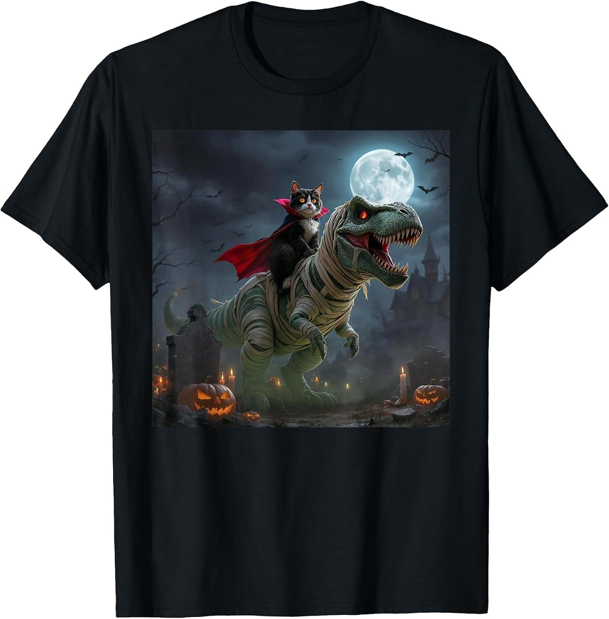 Funny Cat Vampire Riding a T-Rex Cute Halloween Meme T-Shirt, Men, Black, Small - As Pictured